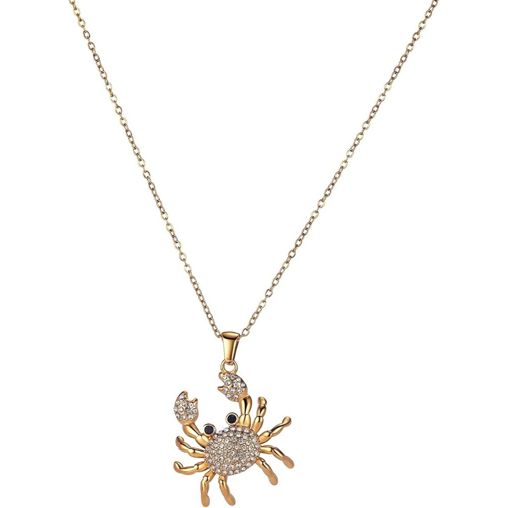 Gold Tone Crystal Crab Pendant Necklace Coastal Beach Jewelry Gift for Women